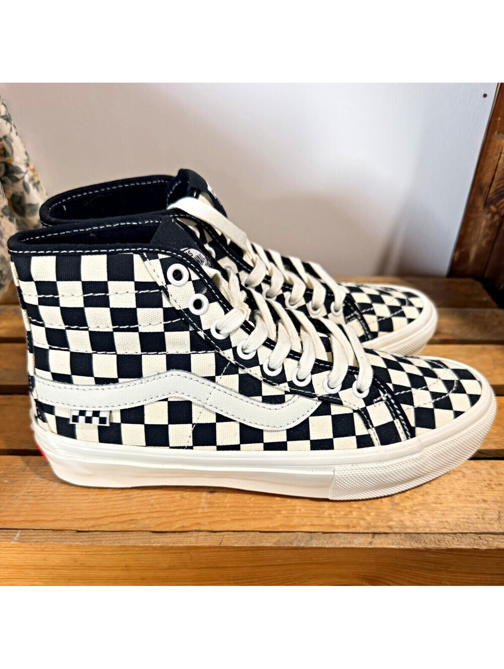 VANS Sk8-Hi High Top Sneakers Black/White Checkerboard Lace Up Canvas